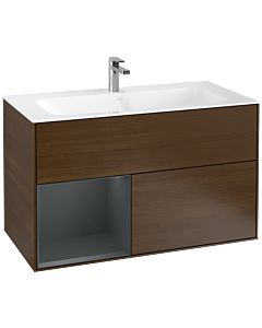 Villeroy und Boch Finion Waschtischunterschrank G030HGGN 99,6x59,1cm, Wandbeleuchtung, Regal links Midnight Blue Matt Lacquer, Walnut veneer